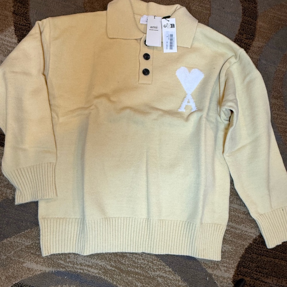Ami Light Tan Polo Sweater with White Heart Logo